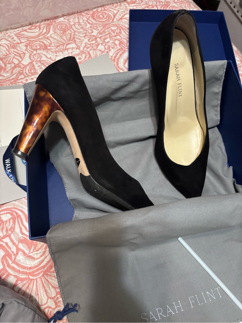 Sarah Flint Black Suede Pumps with Tortoiseshell-Effect Heel